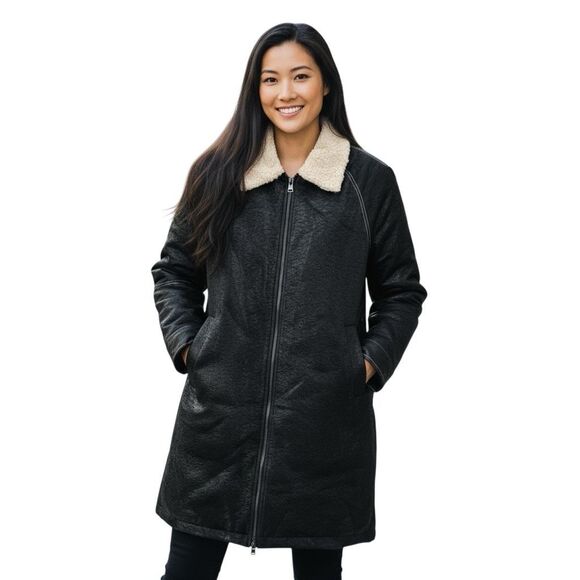 NWT THEKorner Black Faux Leather Faux Fur Mid Length Raglan Sleeve Texured Coat - Picture 1 of 6